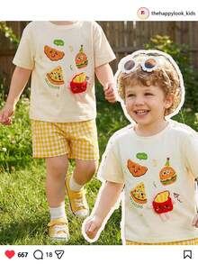 THE HAPPY LOOK 2pcs/Set Young Boy Cartoon Animal Print Soft Knit Crew Neck Short Sleeve Top And Elastic Waist Shorts,Kids - Yellow - View 11
