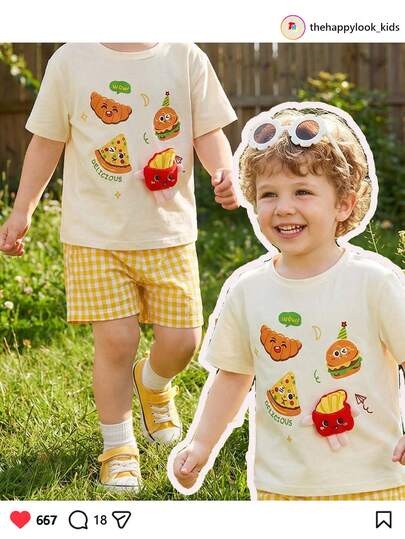 THE HAPPY LOOK 2件套 男童卡通动物印花柔软针织圆领短袖上衣和松紧腰短裤