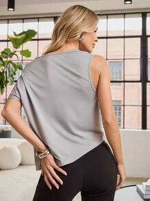 Hauture Women's Solid Color Asymmetric Neck Twist Knot Short Sleeve Casual/Work T-Shirt, Spring/Summer - Grey - View 2