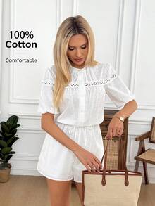 Easowa White Summer Casual Elegant Brunch Women's 100% Cotton Jumpsuit,Stand Collar Puff Sleeve Lace Patchwork Half-Open Button Drawstring Waist Flare Leg - White - View 5