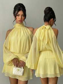Aloruh Women's Elegant Pale Yellow Mini Dress,Long Sleeve Lantern Sleeve A-Line Party Dress,Summer Wedding Guest Dress,Solid Color Short Afternoon Tea Dress - Light Yellow - View 8