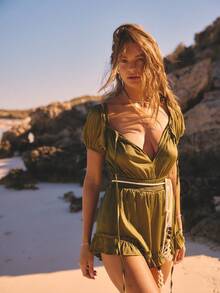 Aralina Ruffle Frill Off Shoulder Jumpsuit Rope Belt Puff Sleeve Summer Spring Swim Vacation Beach Cover Up Mini Sexy Green - Army Green - View 1