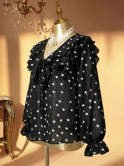 Rometta Plus Size Women's Elegant Chiffon Polka Dot Blouse With Ruffle Hem, Fitted