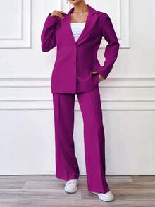EURMUSE Women's Solid Color Notched Collar Single-Breasted Long Sleeve Jacket And Wide-Leg Pants Casual Office Suit Set - Hot Pink - View 4