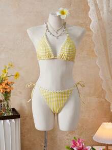 Bellisia 女士三件套花卉饰边格子比基尼套装，甜美淑女风格，适合度假、派对、海滩度假 - 黃色 - 查看 5