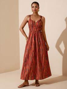 Vesra Bestselling Vacation Tie Dye Pattern Spaghetti Strap Beaded Detail Drawstring Waist Ruched Tie Waist A-Line Dress - Multicolor - View 7