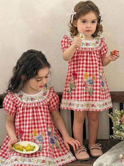 SHEIN 女宝宝夏季可爱度假格子碎花宽松短袖连衣裙