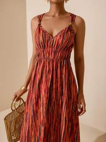 Vesra Bestselling Vacation Tie Dye Pattern Spaghetti Strap Beaded Detail Drawstring Waist Ruched Tie Waist A-Line Dress - Multicolor - View 3