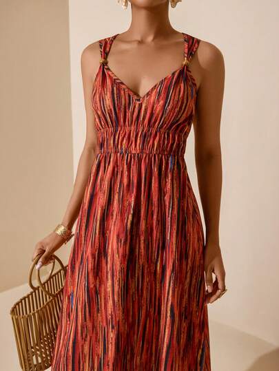 Vesra Bestselling Vacation Tie Dye Pattern Spaghetti Strap Beaded Detail Drawstring Waist Ruched Tie Waist A-Line Dress
