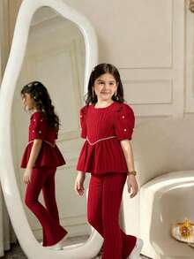 Young Girls T-Shirt Co-Ords - Burgundy - View 1