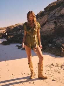 Aralina Ruffle Frill Off Shoulder Jumpsuit Rope Belt Puff Sleeve Summer Spring Swim Vacation Beach Cover Up Mini Sexy Green - Army Green - View 3