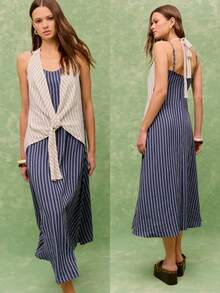 Nöista Striped Midi Dress In Navy  White With A With Front Knot.  Perfect For Spring Summer Outfits Casual Chic Styling  Effortless Everyday Formal Event Weeding Guest Pool Party Festival.  Vacation Luxury Going Out  Wedding  Party    Festival  Holiday  Summer - Navy Blue - View 1