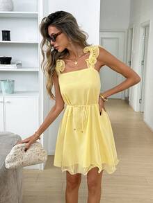 Easowa Casual Loose Elegant Commuter Vacation Ruffled Shoulder Strap Cinched Waist Bow A-Line Hem Dress, Spring/Summer For Women - Light Yellow - View 1