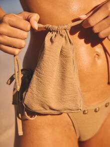 Aralina 3 Piece Set Gold Button Bead Detail Bikini Summer Spring Swim Vacation Beach Triangle Tie Sides Sexy Three Piece Set Swim Bag - Brown - View 9