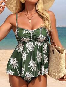 Swim Lushoire 2pcs/Set Women's Random Palm Tree Print Spaghetti Strap Bikini Top And Bottoms, Comfortable Loose Fit For Beach & Summer Vacation - Green - View 7