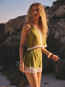 Aralina Two Pieces Vacation Lace Trim Festival Texture Summer Spring Swim Beach Cover Up Cami Short 2 Pieces - Army Green - View 5