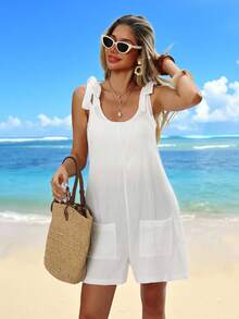 Swim Vcay 女士夏季沙滩系带宽松休闲度假口袋连体裤 - 白色 - 查看 4