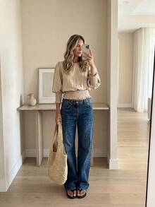 Easowa Round Neck Petal Sleeve Lantern Sleeve Ruffle Hem Cinched Shirt, Linen-Like Texture Casual Relaxed Elegant Commuter Vacation Blouse For Women, Spring/Summer - Apricot - View 2