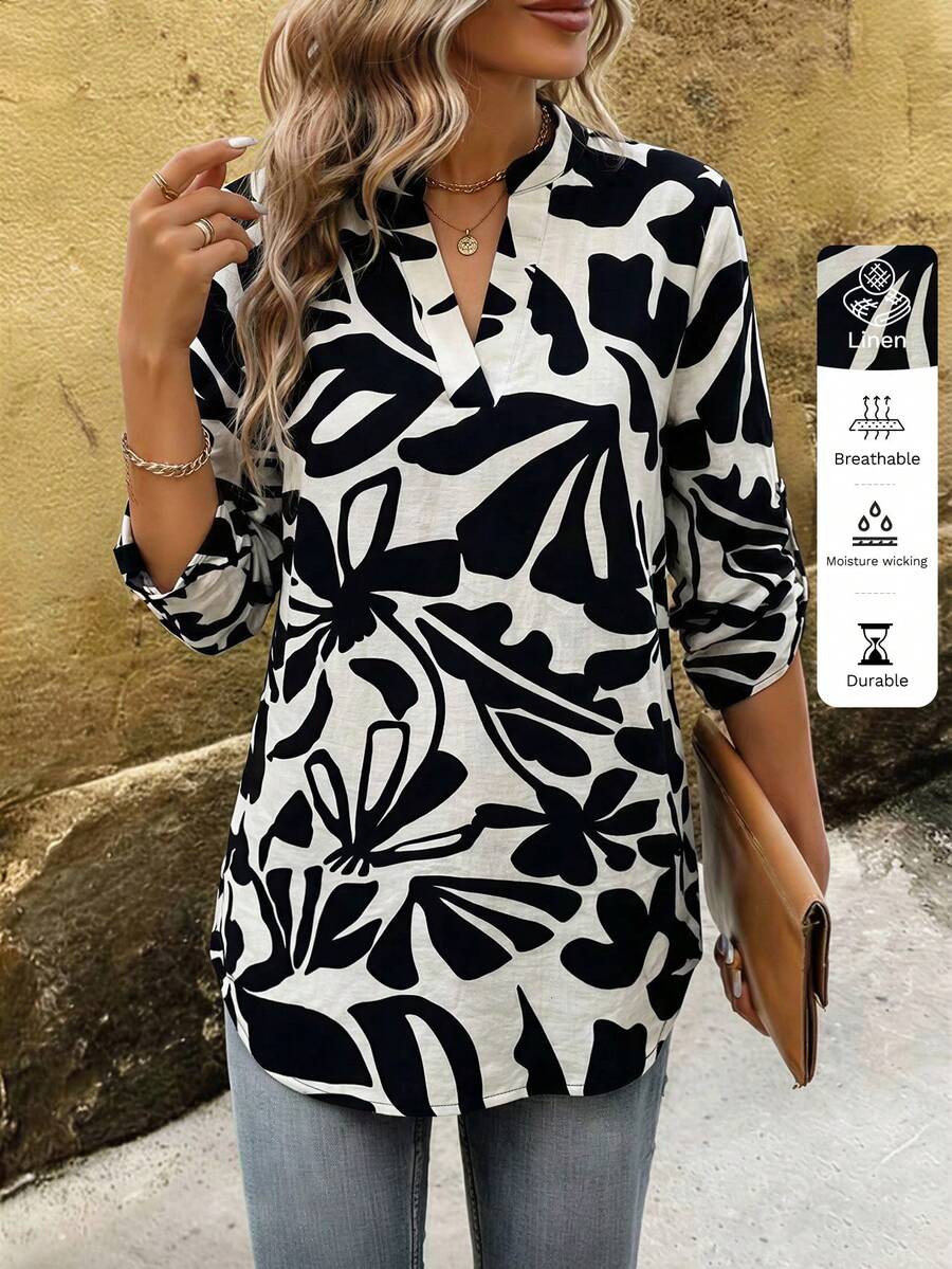 EMERY ROSE 女士时尚优雅印花V领衬衫 - 套头衫 - 简约通勤风 - 日常穿着 - 约会 - 黑與白 - 查看 1