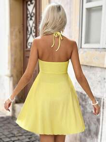 Brillora Solid Color Knit Halter Neck Ruffle Hem Mini Dress For Women,Summer Dress,Vacation Dress - Yellow - View 2