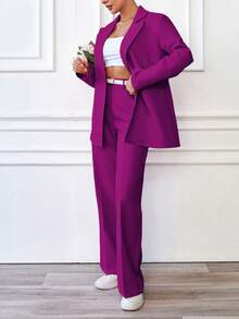 EURMUSE Women's Solid Color Notched Collar Single-Breasted Long Sleeve Jacket And Wide-Leg Pants Casual Office Suit Set - Hot Pink - View 5