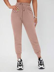 SHEIN PETITE Solid Drawstring Waist Sweatpants - Lilac Purple - View 5