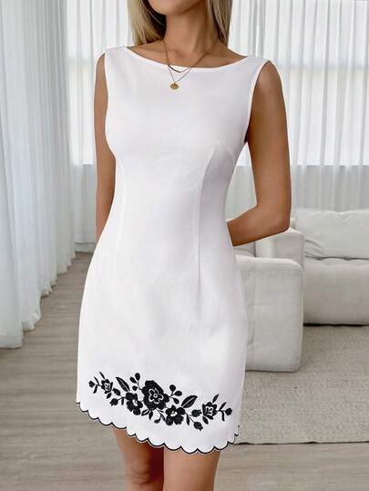 Easowa Embroidered Ruffle Hem Round Neck Backless Cinched Waist A-Line Sleeveless Casual Loose Elegant Commute Vintage Style Holiday Dress, Spring/Summer