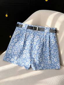 Franclia Pantalones cortos casuales con cinturón y pliegues con estampado floral diminuto para mujer, pantalones cortos de verano, pantalones cortos de primavera lindos para mujer, pantalones cortos de verano para mujer, pantalones cortos de mujer de verano, ropa de verano, pantalones cortos de mujer de verano - Azul - Ver 1