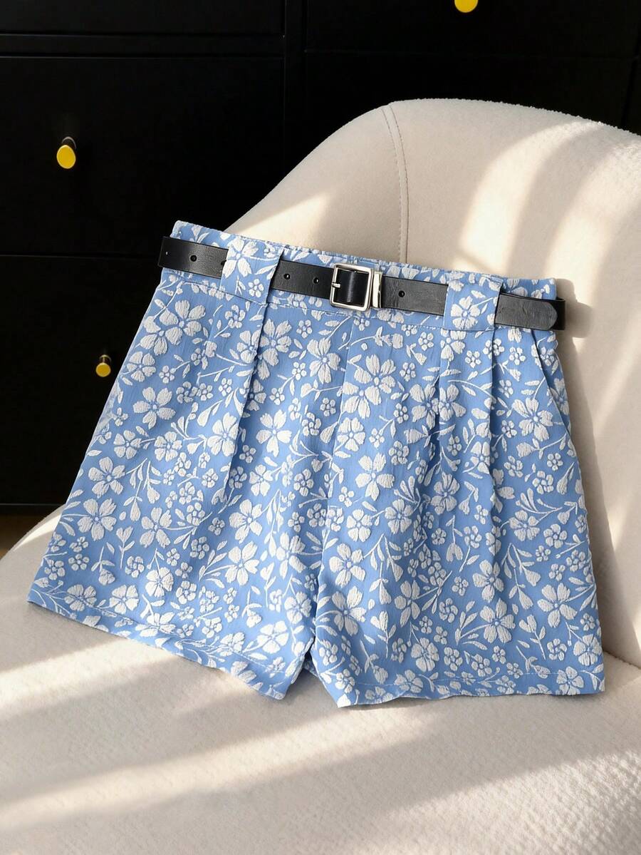 Franclia Pantalones cortos casuales con cinturón y pliegues con estampado floral diminuto para mujer, pantalones cortos de verano, pantalones cortos de primavera lindos para mujer, pantalones cortos de verano para mujer, pantalones cortos de mujer de verano, ropa de verano, pantalones cortos de mujer de verano - Azul - Ver 1