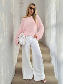 Easowa Asymmetric Shoulder Sheer Knit Sweater, Casual Loose Elegant Commute Vacation Style, Light Pink, Spring/Summer For Women Pink Sweater Pink Off Shoulder Top Knit Tops Sweater Top Off Shoulder Sweater - Baby Pink - View 4