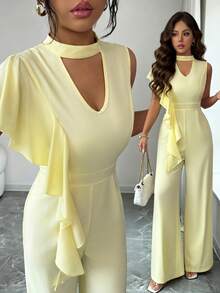 SHEIN Elenzya 女士荷叶边不对称领口镂空腰部阔腿连体裤，优雅百搭，适合日常、度假、法式休闲、通勤、商务、浪漫约会等场合，无袖，浅黄色，早春/春夏 - 淡黃色 - 查看 1