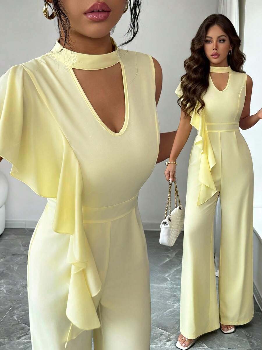 SHEIN Elenzya 女士荷叶边不对称领口镂空腰部阔腿连体裤，优雅百搭，适合日常、度假、法式休闲、通勤、商务、浪漫约会等场合，无袖，浅黄色，早春/春夏 - 淡黃色 - 查看 1