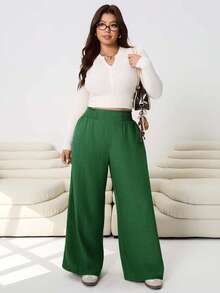 Solflare 2025 Autumn/Winter New Casual Plus Size Elastic Waist Wide-Leg Pants,Sage Green,Sommar,Smart Casual,Holiday,Shirring Design For Outings,Commuting,Home - Army Green - View 5
