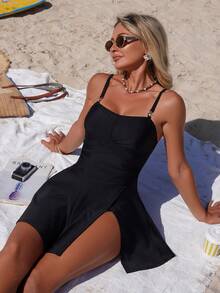 SHEIN Swim 女士优雅夏季沙滩度假交叉扭结金属装饰连体泳衣 - 黑色 - 查看 7