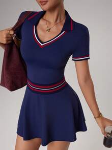 CourtClass Yoga Sports Flat Collar Striped Golf Wear - Navy Blue - View 1