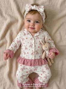 Cozy Pixies Baby Girl Cute Cartoon Rabbit Pattern Off-White Pajama Set,Autumn Long Sleeve Cardigan & Elastic Waist Pants 2 Pieces Soft Sleepwear Bunny Print - Multicolor - View 7