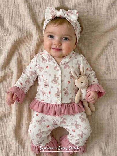 Cozy Pixies Baby Girl Cartoon Rabbit Pattern Contrast Color Collar Ruffle Trim Long Sleeve Cardigan And Elastic Waist Pants 2 Pieces Set Toddler Girl Pajamas Bunny Print Pajamas Toddler Sleepwear Girls Flower Girl Pajamas