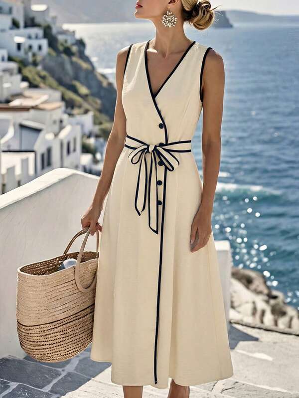 Breezaya Women's Vacation Casual Colorblock Trim Sleeveless Dress