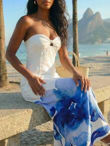 CAJUNI 白色长款无肩带无袖连衣裙，饰有大型水彩花卉印花 - 藍白色 - 查看 7