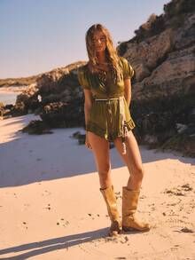 Aralina Ruffle Frill Off Shoulder Jumpsuit Rope Belt Puff Sleeve Summer Spring Swim Vacation Beach Cover Up Mini Sexy Green - Army Green - View 8