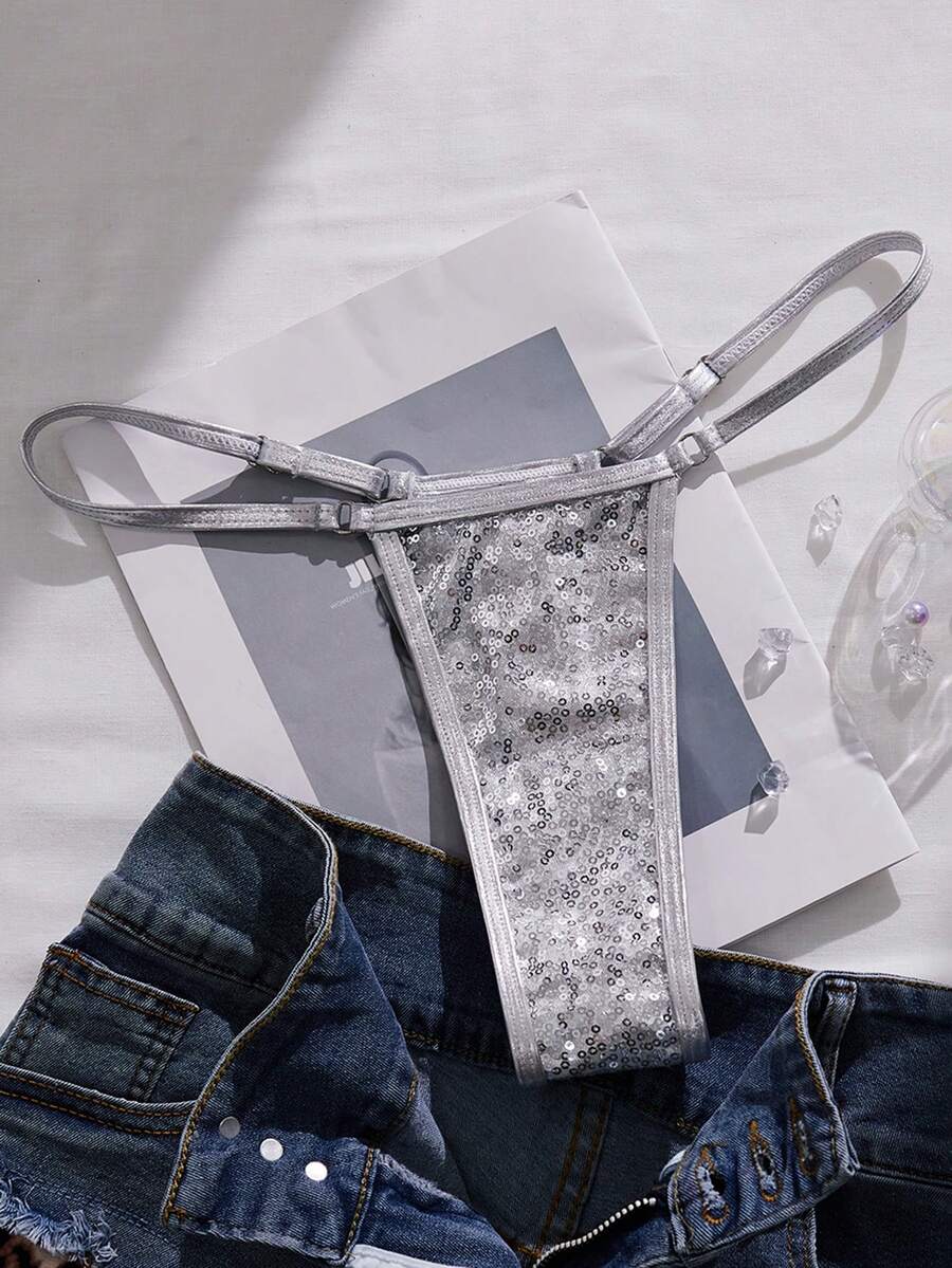 Swim SXY 1pc Silver Metallic Sequin Low-Waist Adjustable Tie-Side Sexy Thong Bikini Bottom, Suitable For Beach Party, Vacation - Silver - View 1