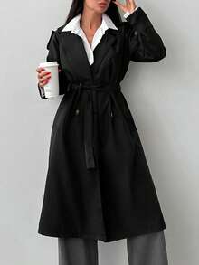 SHEIN Cottnline Gabardina de doble botonadura con cinturón - Negro - Ver 7