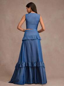 CLARA VERO Denim Ruffle Hem Button Front Vest And Maxi Skirt Set, Slim Fit, Perfect For Street Style, Weekend Brunch, Or Casual Summer Events, Made Of Soft Non-Elastic 100% Polyester Fabric - Dark Wash - View 7