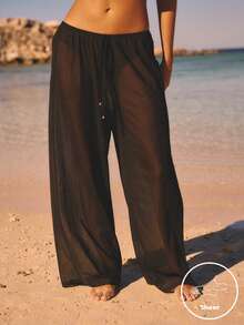 Aralina Sheer Mesh Vacation Festival Drapey Summer Spring Swim Beach Cover Up Pull On Pant Sexy Black - Black - View 3