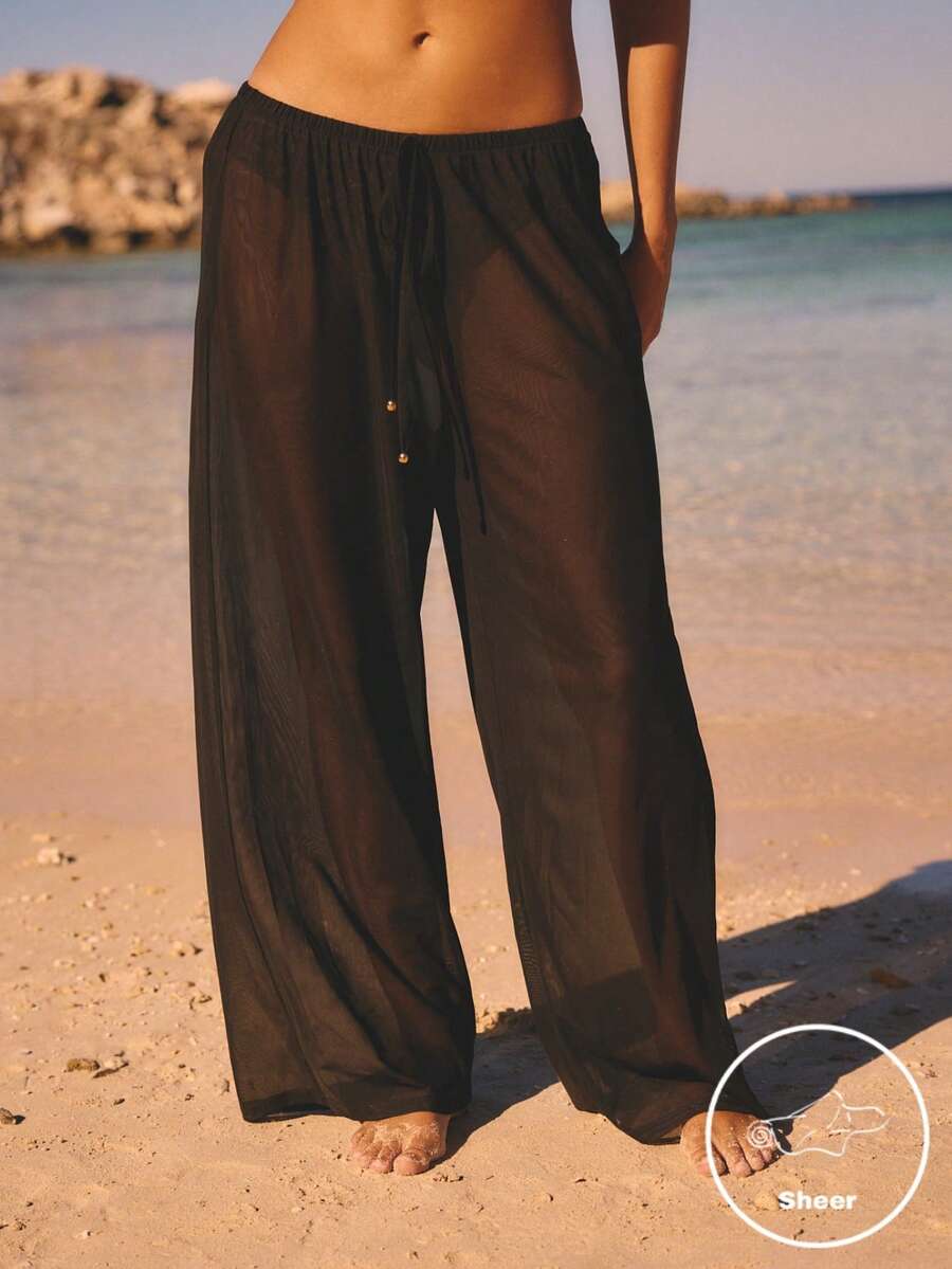 Aralina 薄纱度假节垂坠夏季春季泳装沙滩罩衫套头裤性感黑色 - 黑色 - 查看 1