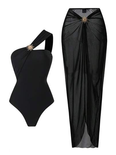 Swim Oasis Women's Summer One-Shoulder Bandeau One-Piece Swimsuit With Elegant Maxi Skirt, Metal Sunflower Decor, Beach, Pool, Casual Party & Holiday Wear, Spring/Summer