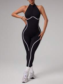 Dewbera 撞色滚边露背修身连体裤 - 黑色 - 查看 4