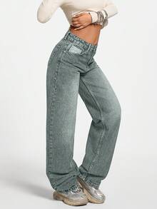 LOW WAIST CASUAL STYLE DENIM STRAIGHT - Teal Blue - View 6
