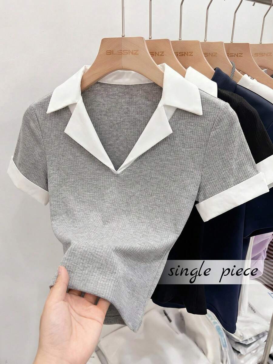 Resyla Summer Romantic, Elegant, Office Commute, Casual Color Block Shirt Collar Short Sleeve Top