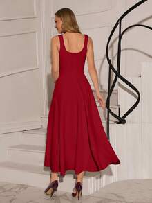 EURMUSE Elegant Sleeveless Dress, Solid Color - Red - View 2